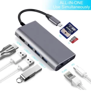 מתאם Type-C hab 8 in one בצבע אפור תומך 4K